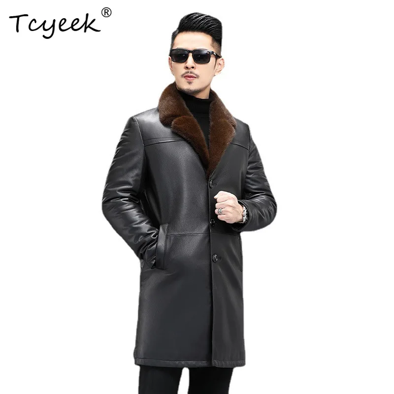 

Tcyeek Goatskin Осень Зима Высококачественный костюм с воротником из норкового меха на внутренней подкладке Черная мужская куртка средней длины из натуральной кожи 가죽자켓