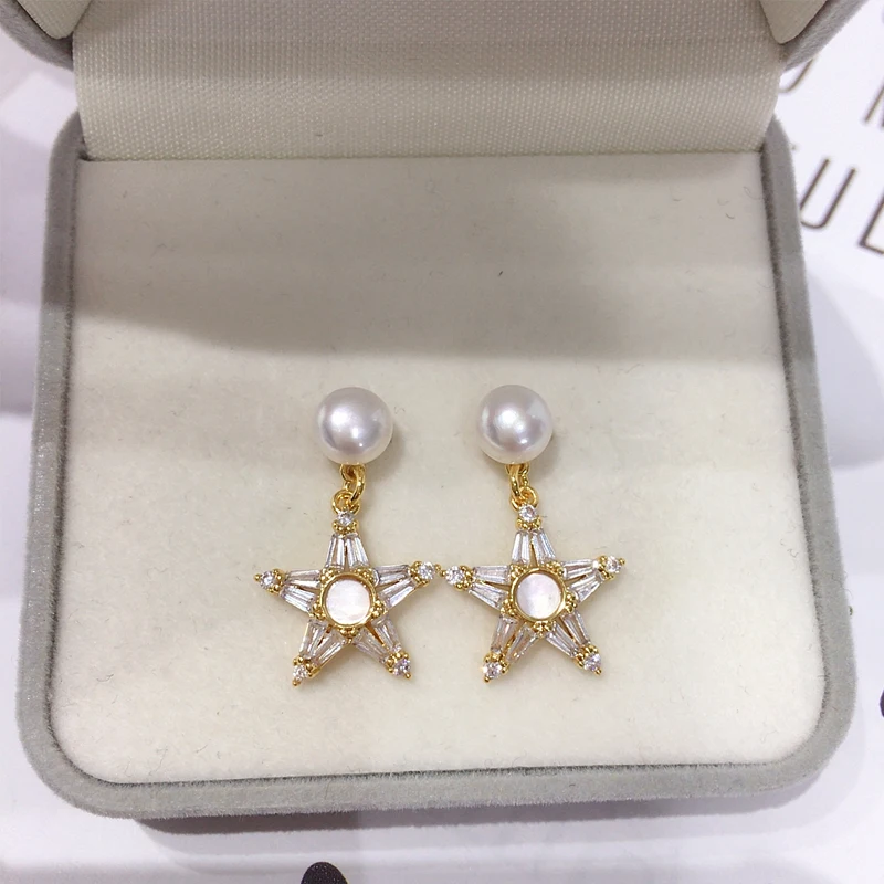 ZHBORUINI 2024 Natural Freshwater Pearl Earrings Female Sea Shell Star Earrings14K Gold Package S925 Pure Silver Needle Jewelry