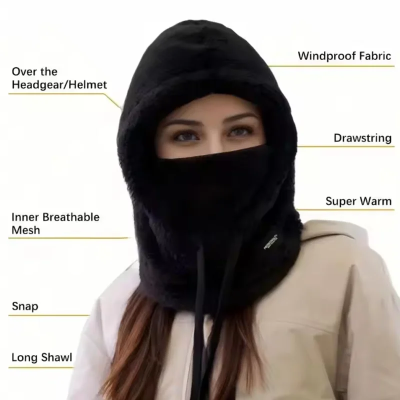 2PCS Winter Plush Cap Thermal Windproof Balaclava Elastic Drawstring Full Face Cover Thickened Warm Motocycle Neck Cover Mask