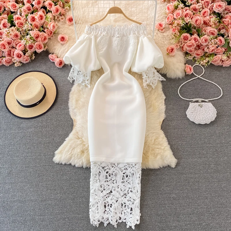 

Women Slash Neck Lantern Sleeve Dress Lady Lace Patchwork Dresses Slim Waist Vintage Off Shoulder Hip Evening Night French Dress
