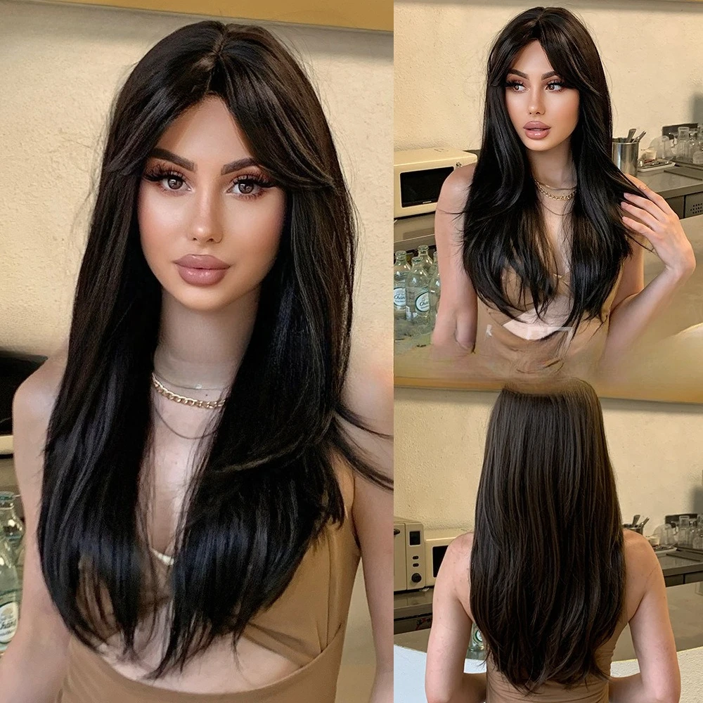 

New fashionable eight-character bangs wig full head cover daily black long straight wig head cover high temperature silk wig