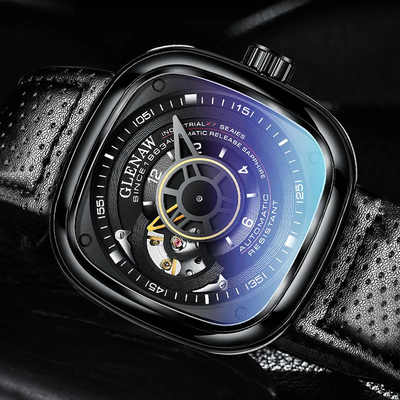 GLENAW Top Brand Luxury Automatic Mechanical Watch Men Breathable Leather Skeleton Luminous Business Mens Watches Reloj Hombre
