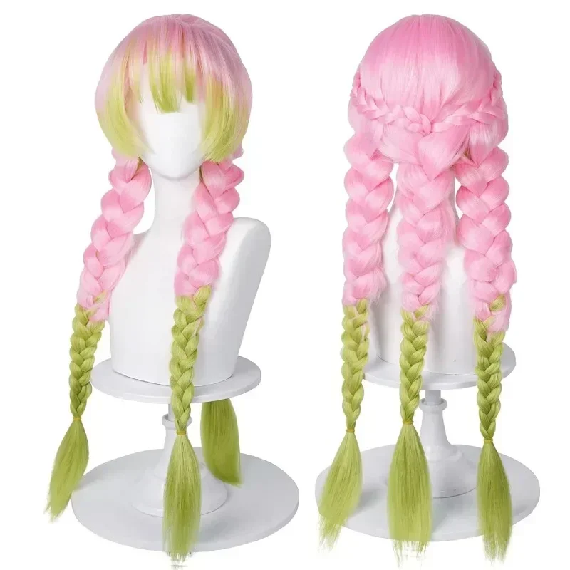 Pruik Voor Mitsuri Cosplay Ds Groene Roze Anime Cosplay Pruiken Met Pet Voor Halloween Kostuum Feest