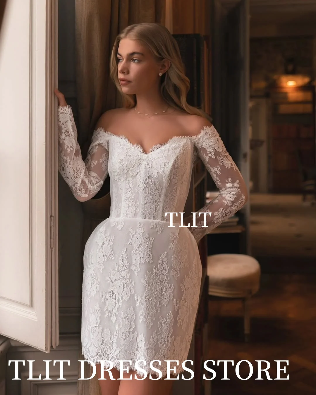 TLIT Modern Ivory Lace Short Mermaid Wedding Dresses Customized Sweetheart  فساتين زفاف Long Lace Sleeve Bridal Gowns