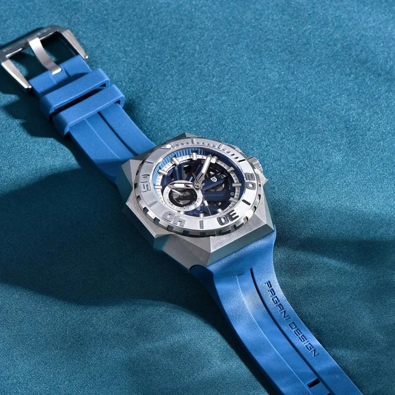 PAGANI DESIGN PD-YS007 Men Automatic Mechanical Watch 42MM Skeleton Blue Dial Miyota 8217 Movement Sapphire Glass Silicone Strap