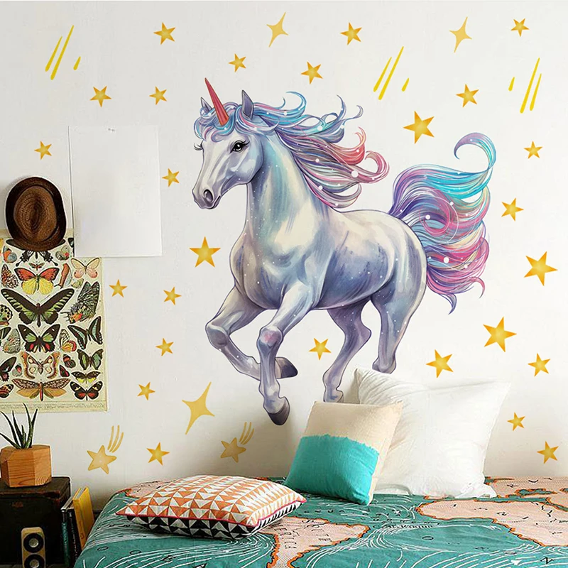 Cartoon Meteor Rainbow Unicorn Wall Sticker DIY Vinyl Gold Stars Decals Self-adhesive for Kids Room Baby Room Nursery Wall Decor