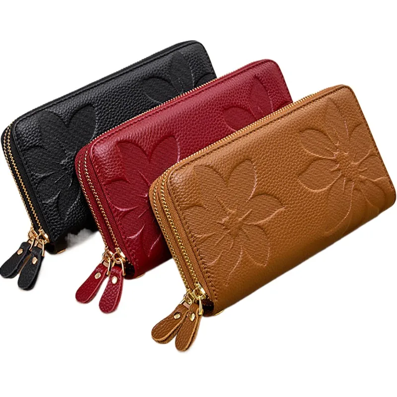 BANYANU Fashion RFID Blocking Grain Cowhide Leather Women Wallet Long Luxury Business Card Case Bag Zipper Lady Purse Wallets