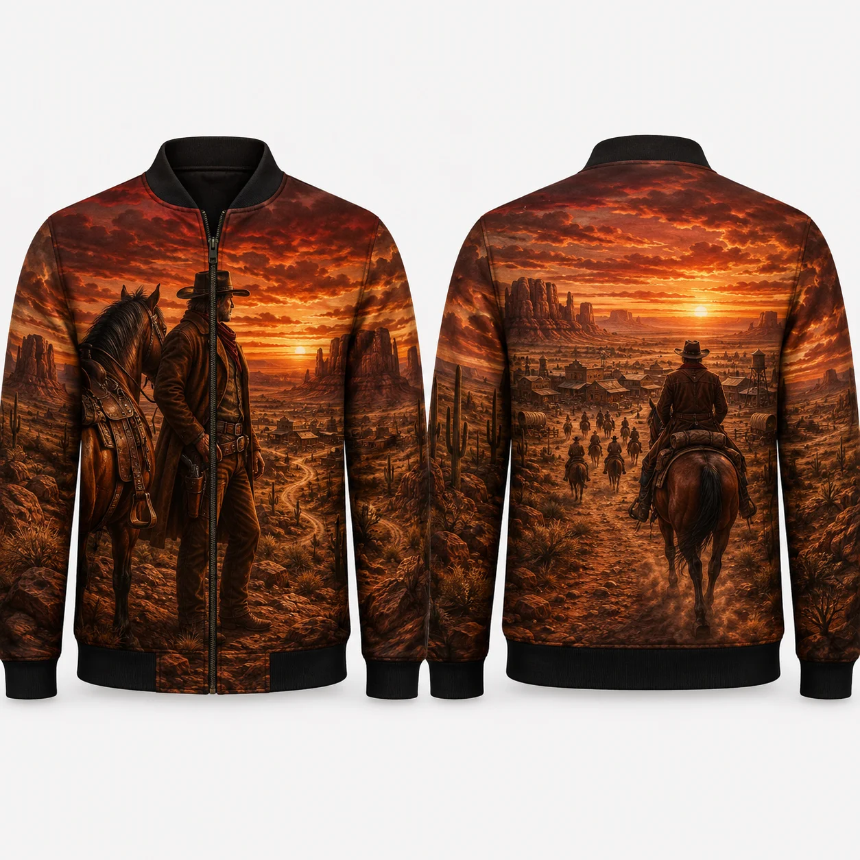 Western Cowboy Horse Sunset Jacket  Men Desert Rider Graphic Jackets Vintage Wild West Streetwear Coat Casual Zip Up Outerwear