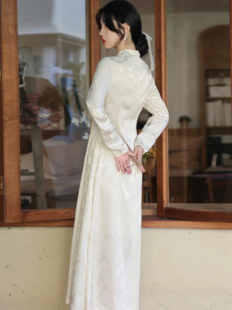 المرأة الكورية خمر حفلة فاخرة Vestidos الخريف الأبيض الساتان الجاكار الوقوف طوق فستان طويل 2025 فستان شيونغسام أنيق جديد #3