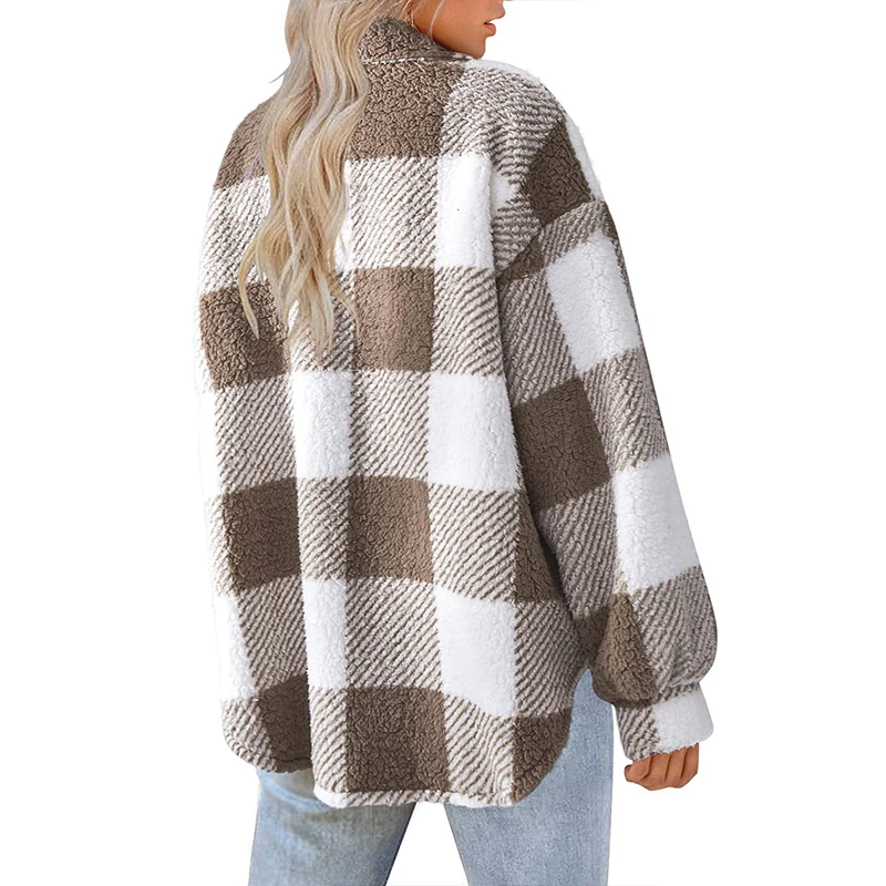 Autumn Winter Women's Plaid Printed Plush Warm Jacket Fashion Lapel Fleece Thickened Long Sleeve Coat Loose Cardigan Coat Tops image 3