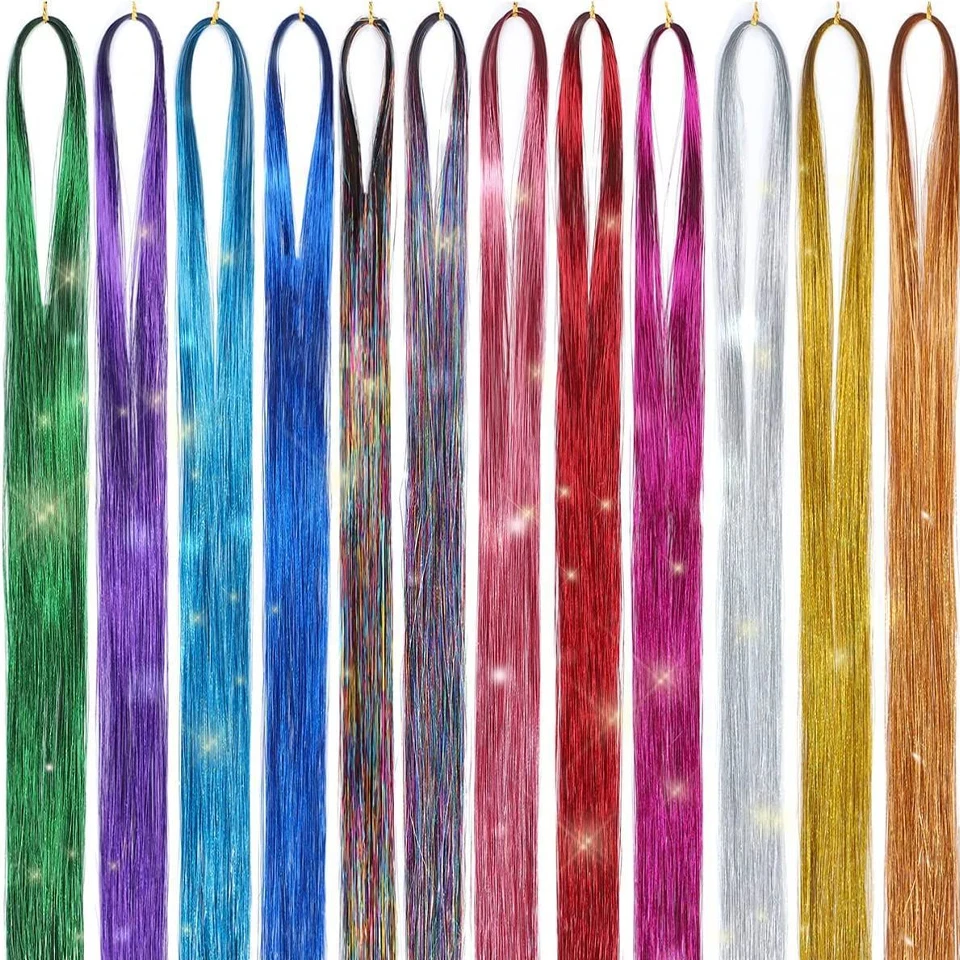 48 Polegada kit de enfeites de cabelo sintético com ferramenta extensões de cabelo de enfeites 12 cores cabelo de fada enfeites de cabelo brilhante