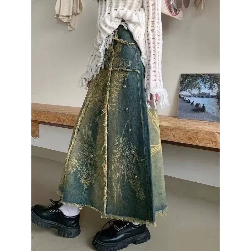 Ladies Denim Skirt Patchwork Tie-dye Maxi Skirt Clothing Trend  Maxi Dresses Clothing Sales Fishtail Dress High Waist Sexy