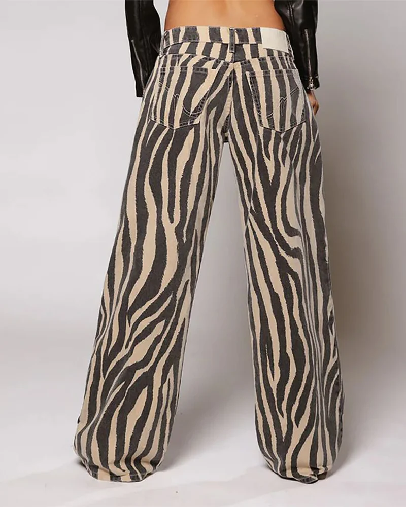 Zebra texture printed casual jeans Fashion Spice low waist trend street style autumn straight pants women