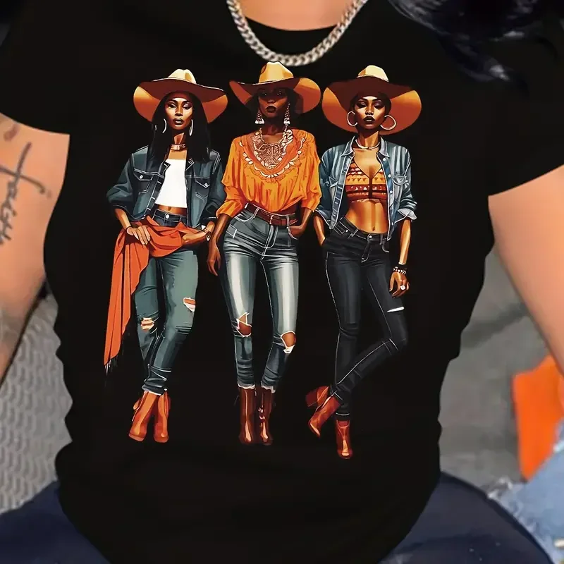 

Футболка с рисунком Cowgirl, повседневный летний топ с короткими рукавами и круглым вырезом для женщин — уличная одежда в стиле Харадзюку