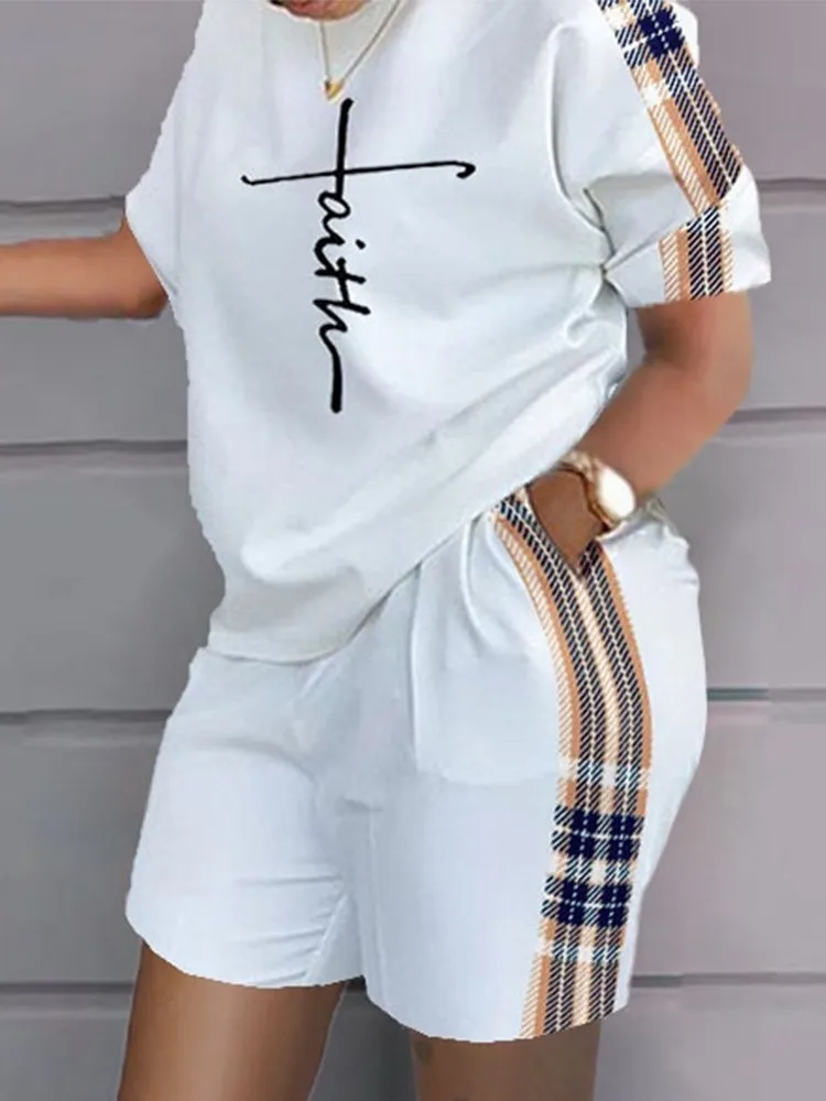 Summer Casual Loose Print Tshirt Short Set Women Fashion O-neck Patchwork T Shirt Two Piece Set And Pockets Shorts Suits White