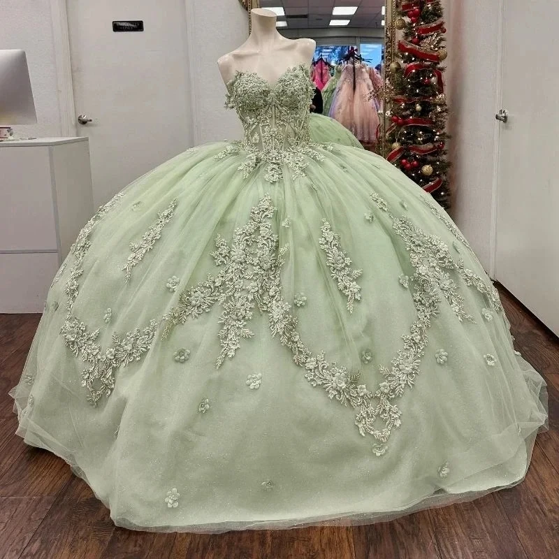 

Luxury Sage Green Shiny Quinceanera Dresses Ball Gown Off Shoulder Beading Appliques Lace Tull Lace-Up Sweet 16 Dress Vestido De