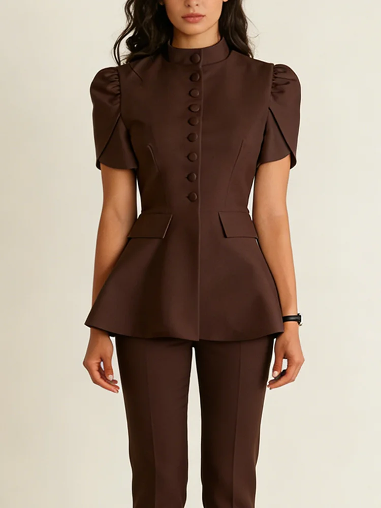 

Женский белый блейзер Nova с воротником-стойкой и пышными рукавами, с пэплумом, на пуговицах, с расклешенным подолом, для офиса и официальных мероприятий