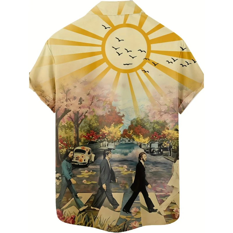 

Men's Retro 3D Printed Street Scene Hawaiian Shirt - Lightweight Polyester-Spandex Blend Short Sleeve Casual Button, Featuring R