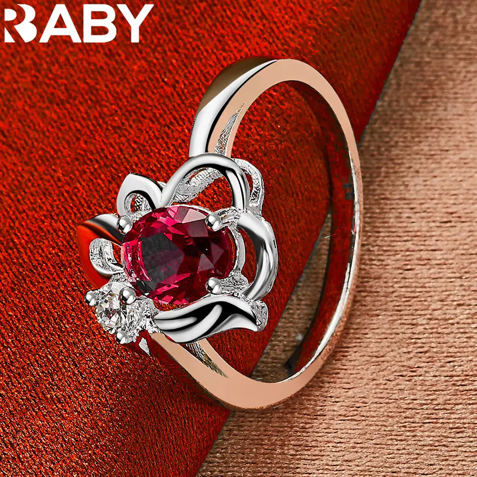 URBABY 925 เงินสเตอร์ลิงแหวนเพทายสีแดงสําหรับผู้หญิงแฟชั่นเครื่องประดับ Charm Grace Noble อุปกรณ์จัดงานแต่งงาน