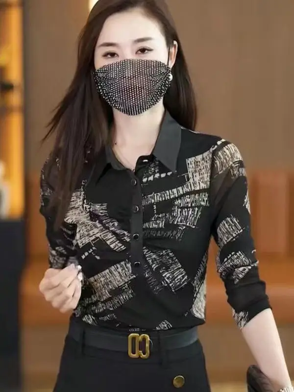 

Женская сетчатая базовая рубашка с тонким воротником, принтованный топ, двухслойная ретро-рубашка, модная повседневная рубашка для весны и осени