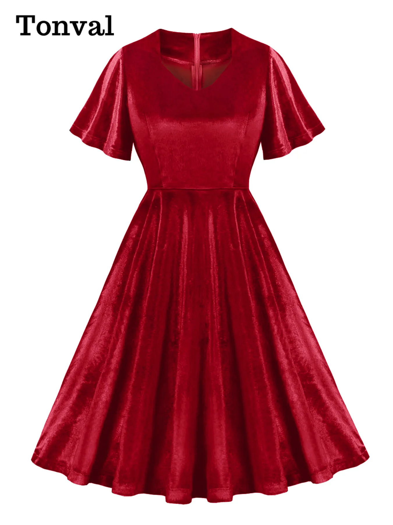 Tonval Velvet Winter Christmas Party Elegant Dresses Women Sweetheart Neck Butterfly Sleeve Green Solid Plain Vintage Dress