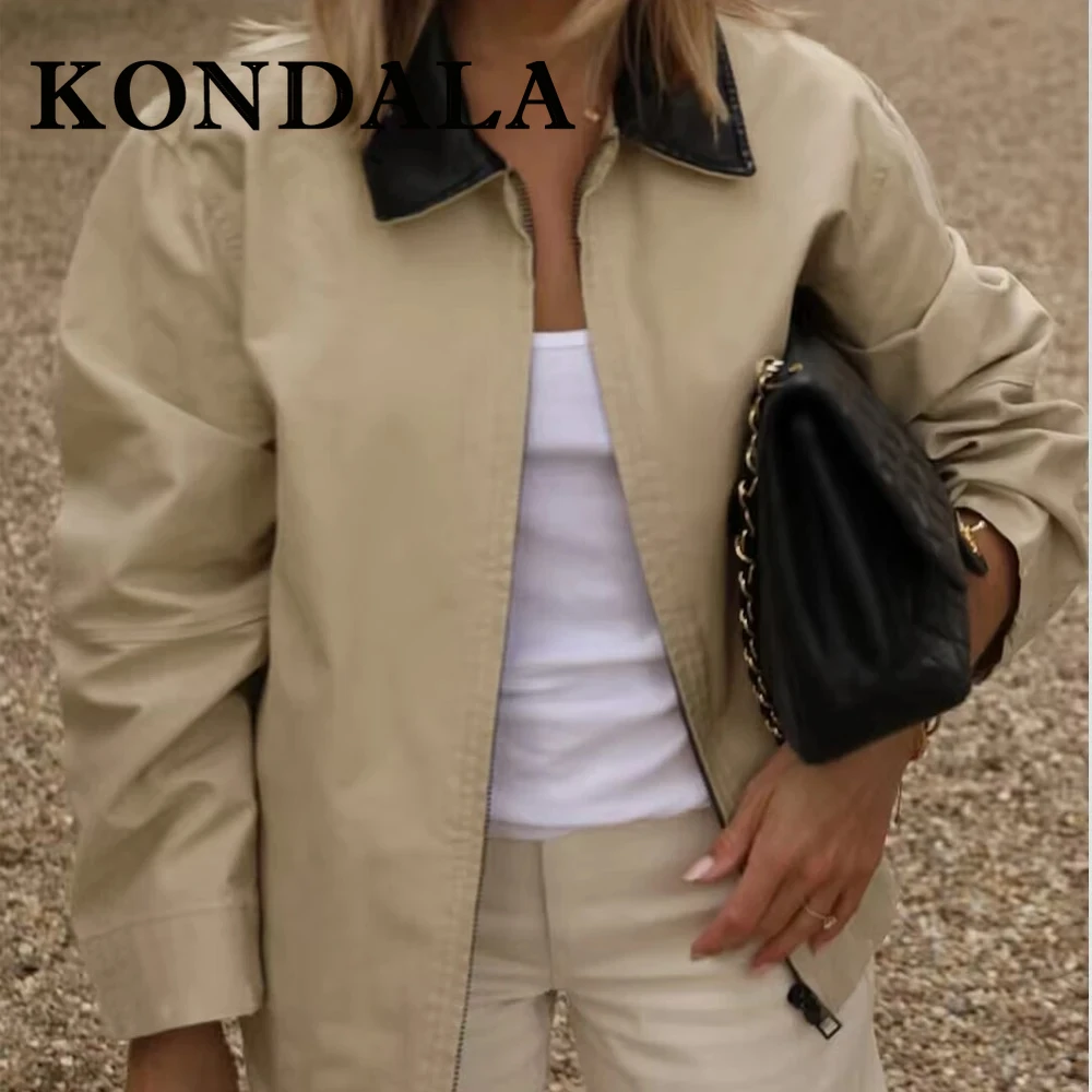 KONDALA Chic PU Solid Straight Woman Blazer Fashion 2025 Streetwear Zipper Turn-down Collar Casual Female Spring Vintage  Jacket