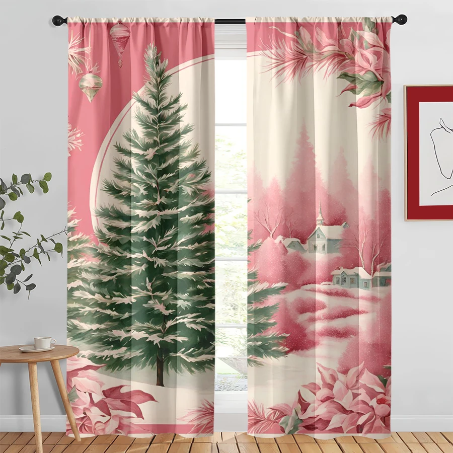 2PCS Christmas Winter Curtains, Pink Tree Village, Digital Print, Bedroom Living Room, Rod Pocket, Polyester, Home Decor