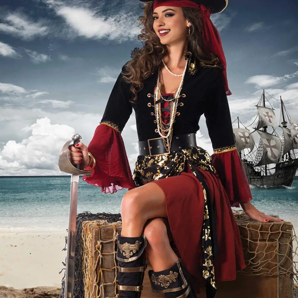 

Halloween Party Attire Pirate Queen Halloween Cosplay Dress with Bell Sleeves Lace-up Strap Belted Waist for Stage Performance