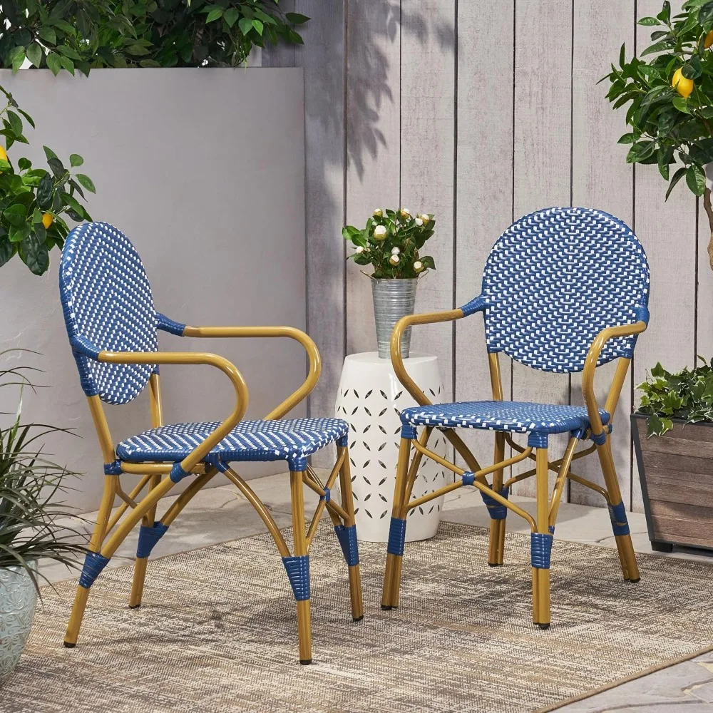 Set 2 Kursi Bistro Prancis, Rotan Tahan Cuaca dengan Rangka Aluminium & Bambu