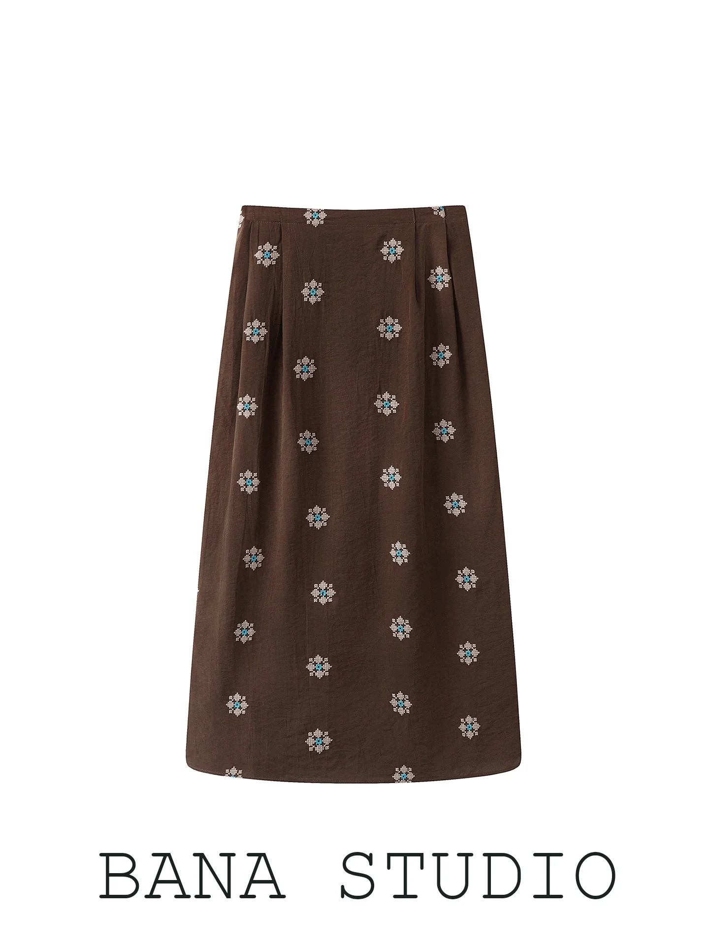 BANA Brown Embroidered A-Line Midi Skirt Women's Summer 2026 New High Waist City Commute Casual Style Standard Fit Elastic Waist