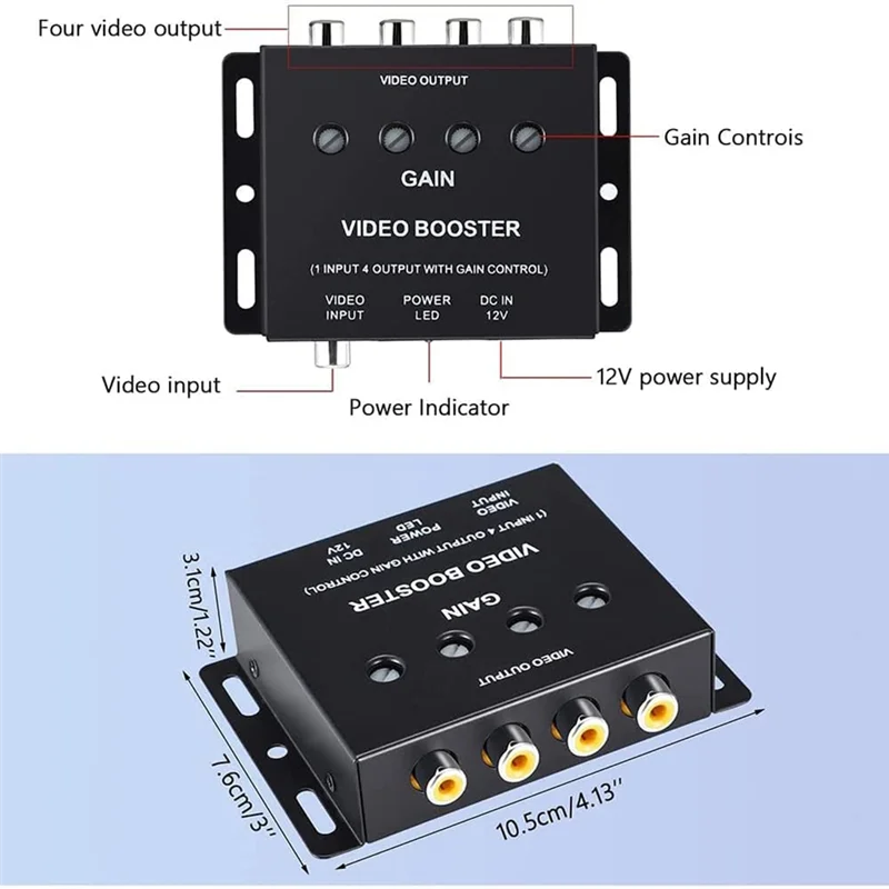 A17R-Car Video Splitter 1 To 4 AV Signal Booster Amplifier Splitter For Car CCTV TV LCD DVD Player 1 Input 4 Output