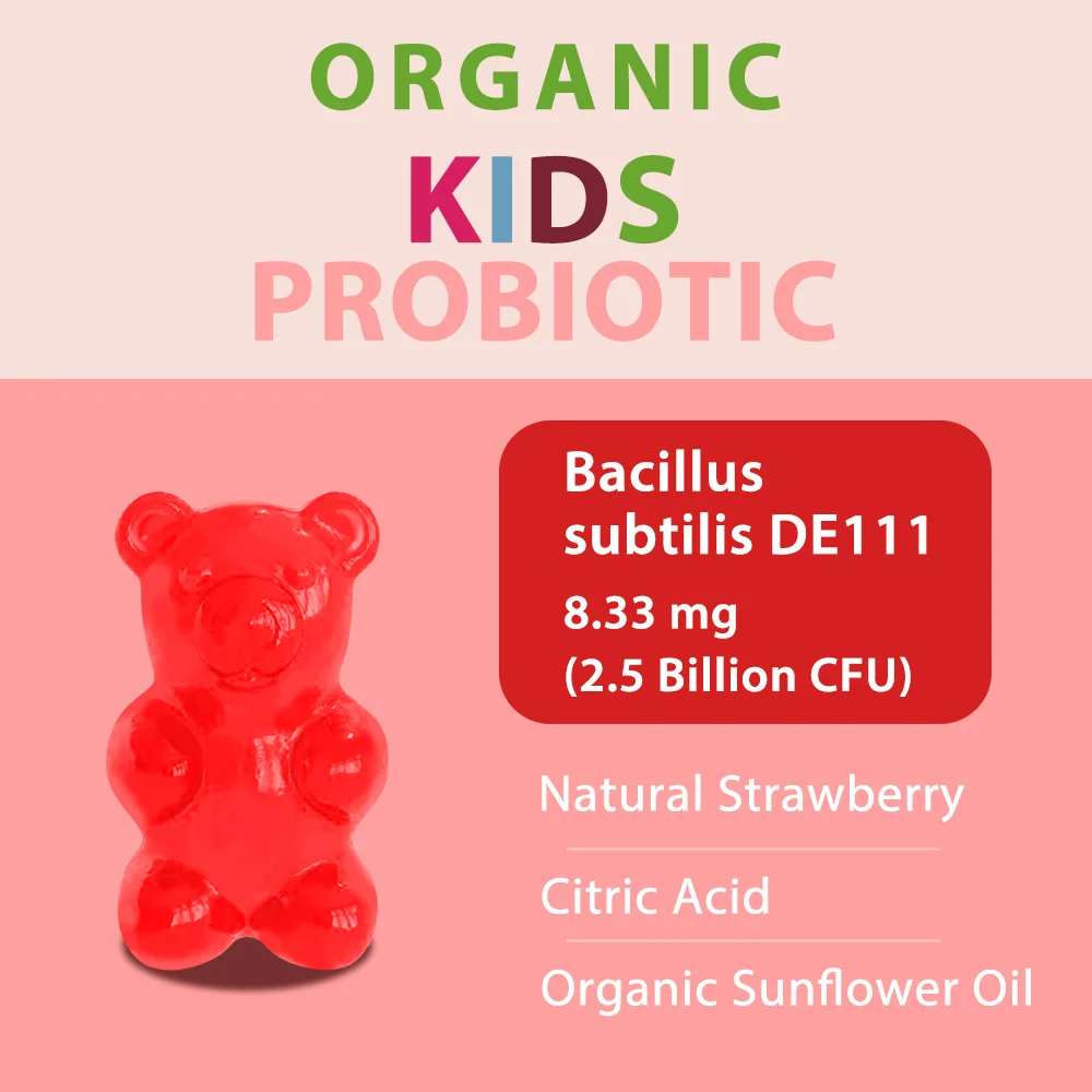 علكة بروبيوتيك عضوية طبيعية (فراولة)، للأطفال، جيدة لصحة الأمعاء، ودعم الجهاز المناعي والعافية الشاملة