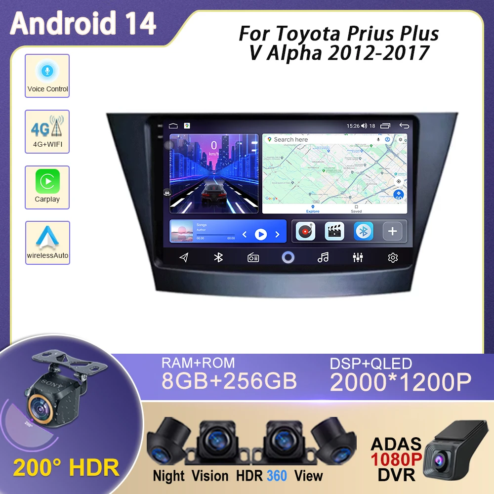 

Android 14 Carplay Auto For Toyota Prius Plus V Alpha 2012-2017 Car Radio Multimedia Video Player Navigation GPS 360 Camera WIFI