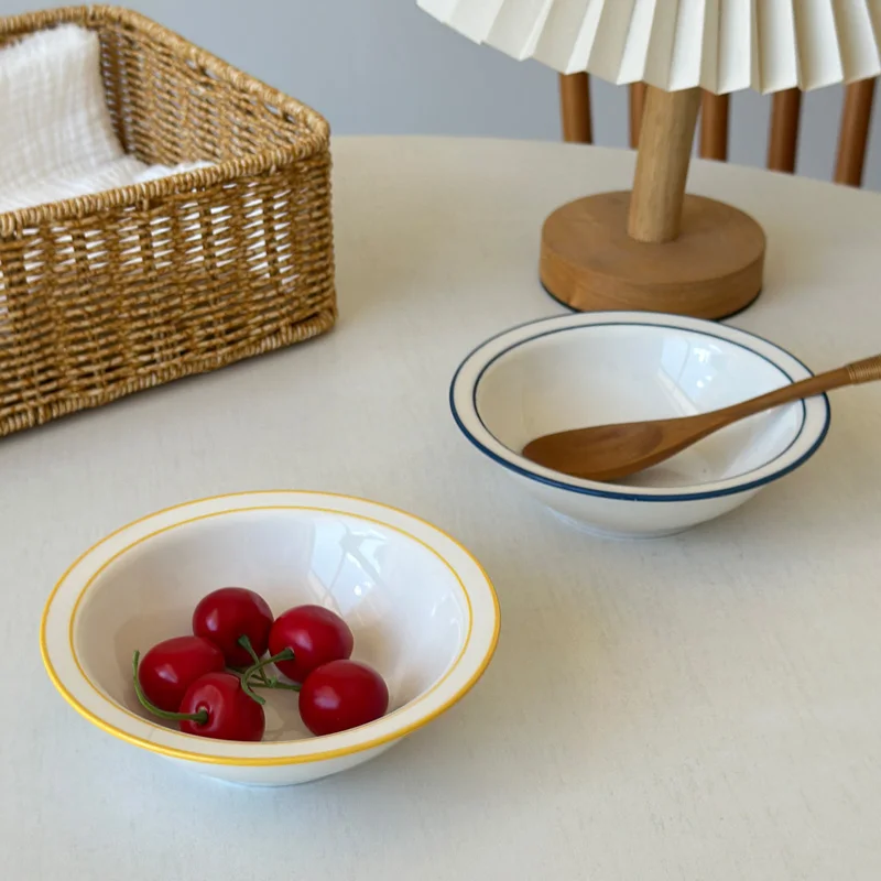 Ins Ceramic Rice Bowls Household Versatile Patchwork Round Tablewares Nordic Style Striped Underglaze Color Dessert Bowl