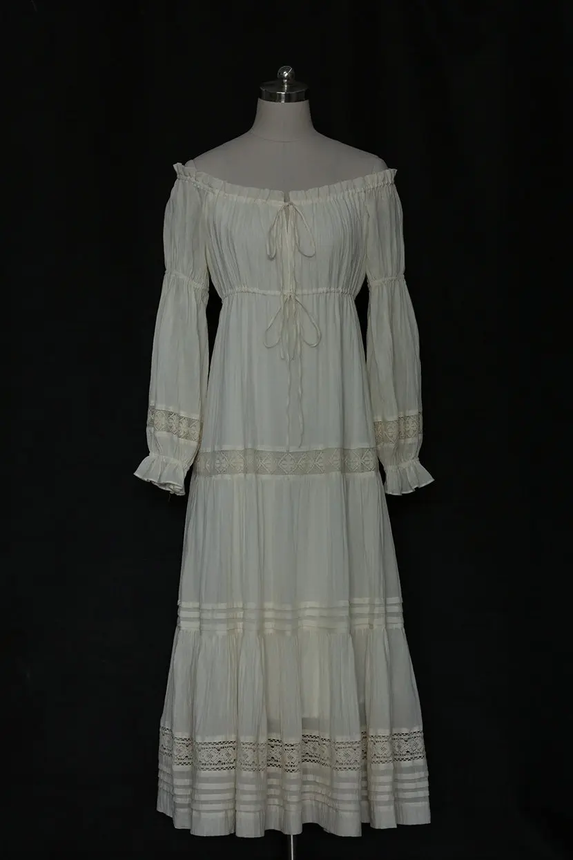120-128cm Brustumfang Frühling Sommer Maxikleider Damen Vintage Elegant Locker Sexy Schulterfreie Spitzenverzierung Beige 100% Baumwollkleider