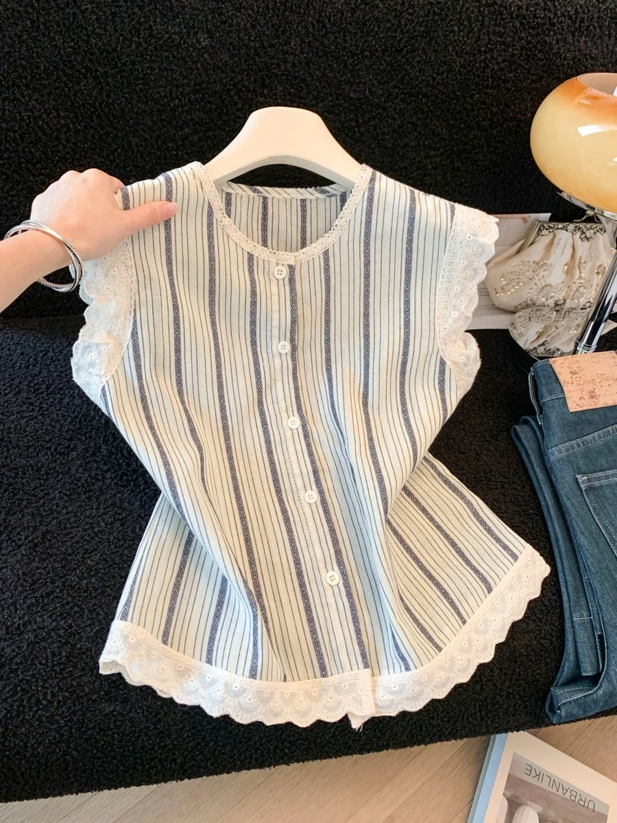 

Retro Striped Sleeveless Shirt Women Summer New Design Sweet Versatile Youthful Vest Shirt Polka Dot Print round Neck Button ...