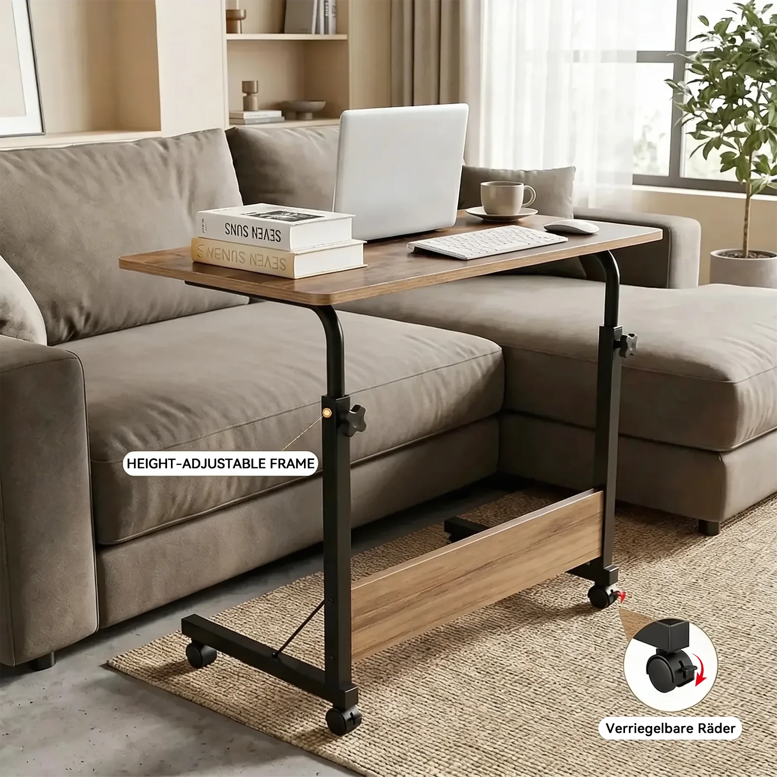 Höhenverstellbarer Beistelltisch, Mobiler C-förmiger Bett-Beistelltisch mit Holzplatte, Vielseitiger Laptop-Lese- und Snacktisch für Sofa, Bett, Schlafzimmer, Wohnzimmer