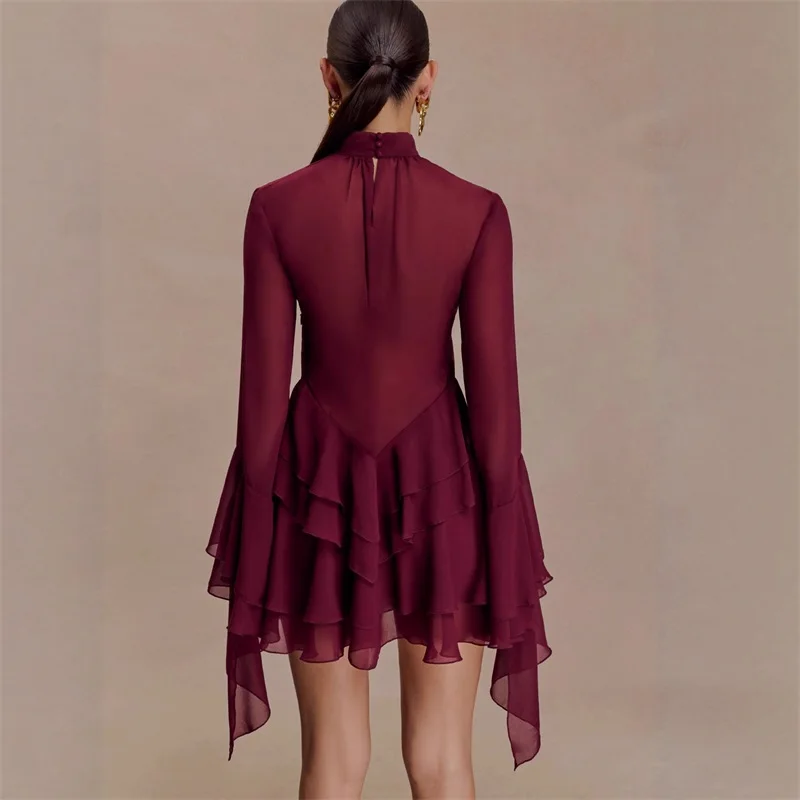 Robe de bal rouge foncé, Sexy, col haut, manches longues évasées, volants, formelle, courte, Mini Robe de soirée de mariage, Banquet, Robe de mariée