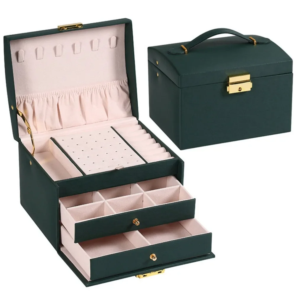 Three-layer large-capacity box with compartments for necklaces, bracelets, rings, watch storage, and earrings and jewelry box