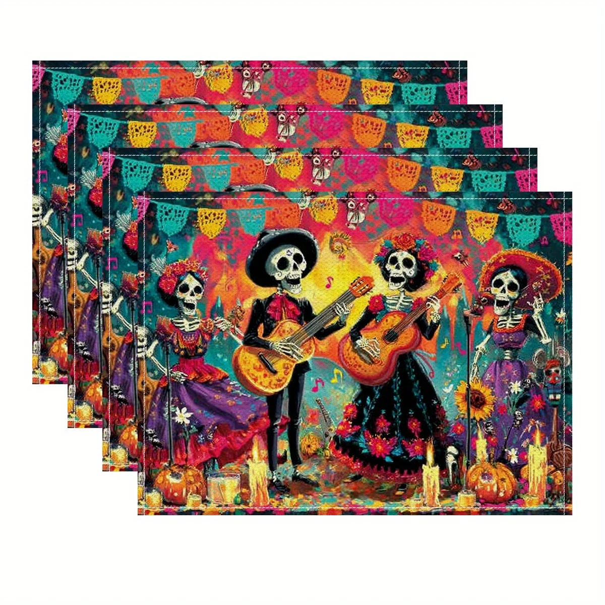 Placemats Featuring Premium Dia De Los Muertos Skeletons Playing Guitars with Floral Designs They Are Easy to Clean