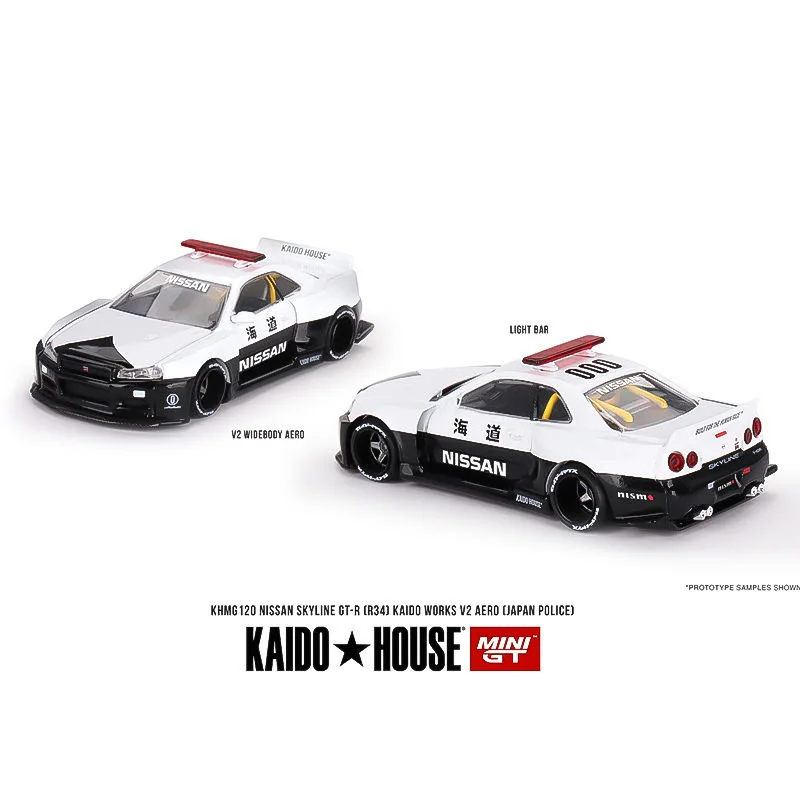 KAIDO HOUSExMINIGT 1/64 닛산 스카이라인 GT-R (R34) Kaido WORKS V2 에어로 경찰 합금 장난감, 자동차 다이캐스트 금속 모델 선물