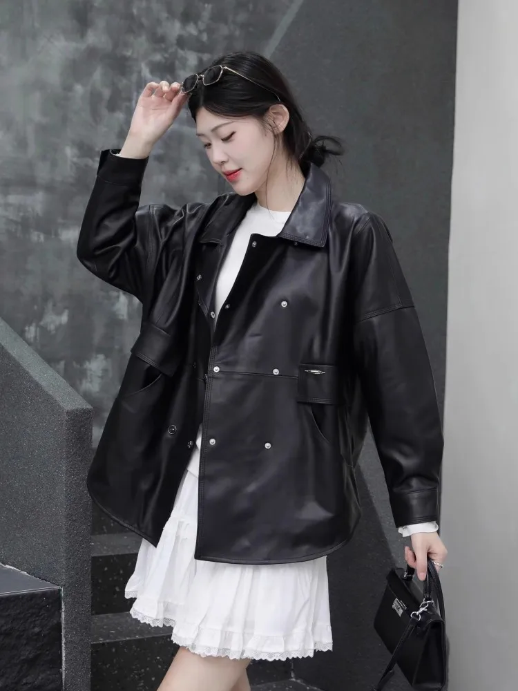 Veste en cuir véritable pour femmes, Double boutonnage, coupe ample, vêtements d'extérieur décontractés, mode peau de mouton, Streetwear, coupe-vent court