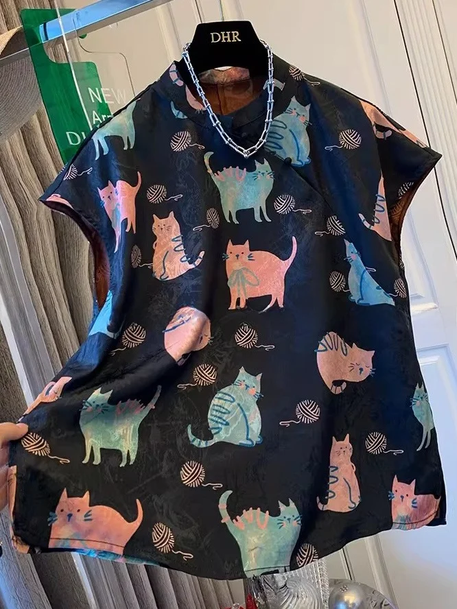 

plus Size Women's Loose Short Sleeve Shirt Pattern Breathable Comfortable Summer Fashion Chinese National Style Top