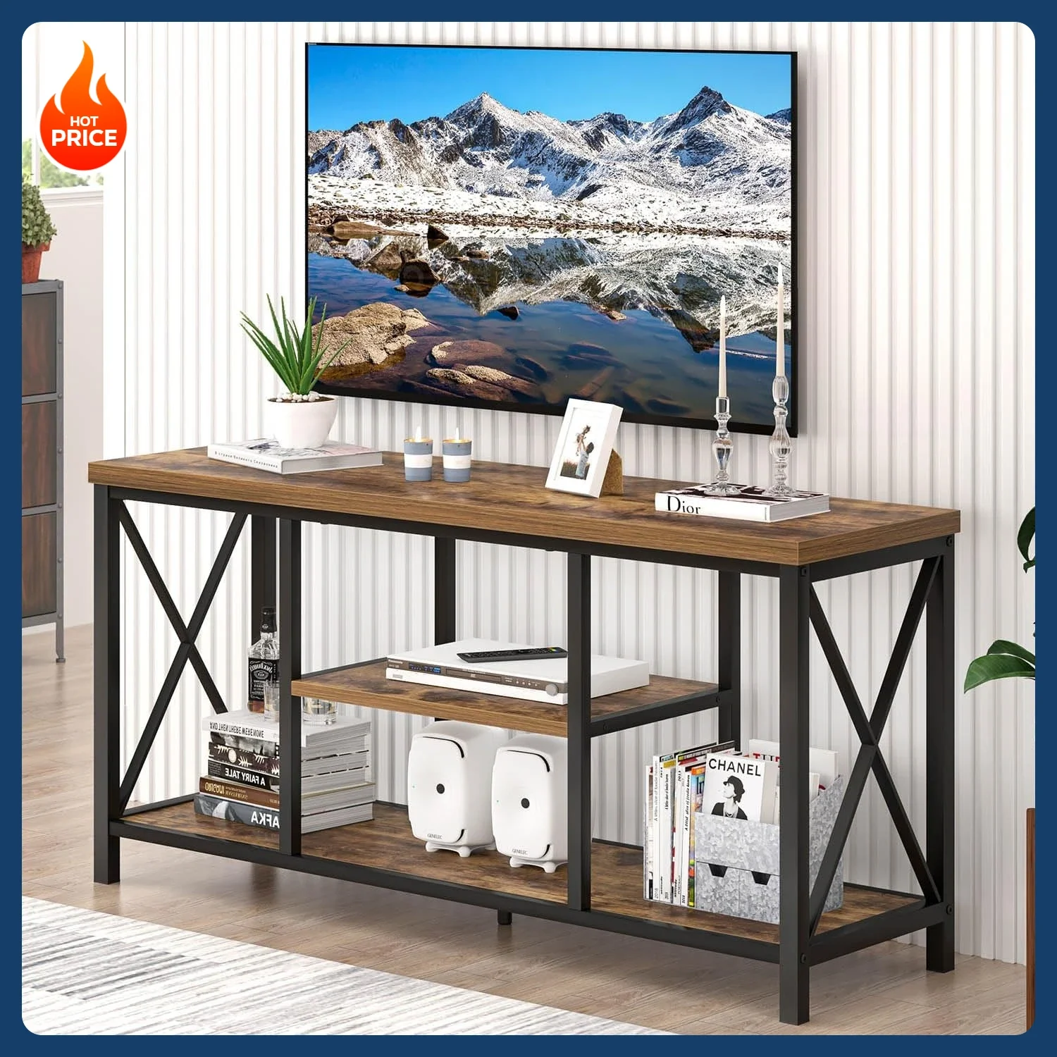 [وصول جديد! ]حامل تلفزيون للتلفزيونات حتى 55 بوصة، مركز ترفيه حديث مع مساحة تخزين، طاولة وحدة تحكم تلفزيون الوسائط الصناعية