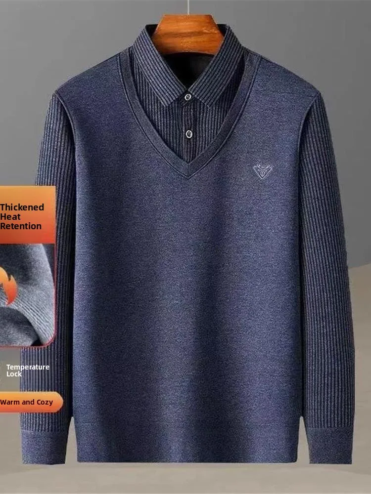 

Men's Long Sve Knitted irt Collar Thiened Fce Casual Stripe Pullover Base irt Dad Sle Autumn Winter Clothing