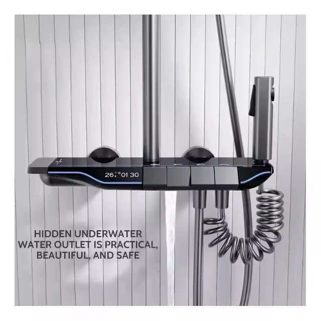 Inteligentny zestaw prysznicowy LED z cyfrowym wyświetlaczem, czterofunkcyjny, mosiężny, polerowana kwadratowa głowica prysznicowa, ceramiczny deszczownica, podciśnieniowy, do pleców, SPA, do mieszkania.