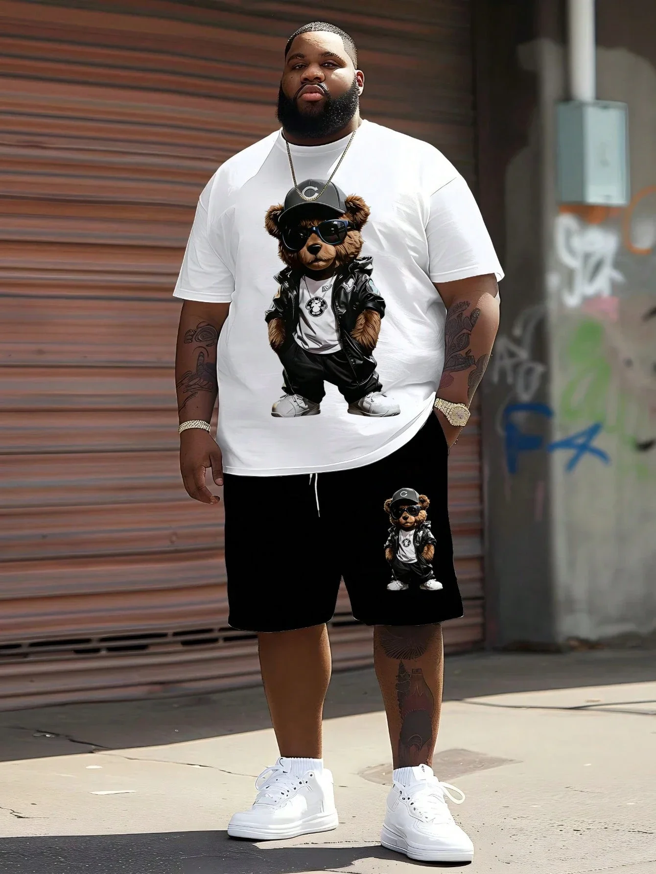 

Men's Streetwear Casual Leather Bear Pattern T-Shirt And Shorts Set
