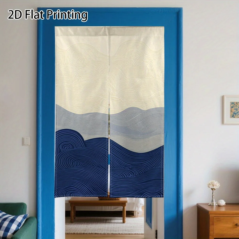 Modern Abstract Landscape Curtain Doorway Room Divider Boho Print Fabric Curtain White Background Blue Wave Privacy Screen Home