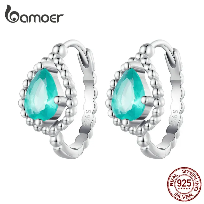 Bamoer Authentische 925 Sterling Silber Blau-grün Tautropfen Ohr Schnallen für Frauen Geburtstag Geschenk Pflastern Einstellung CZ Edlen Schmuck BSE783