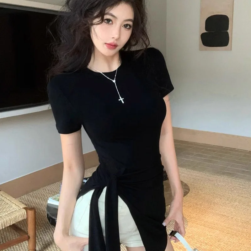 Korean Design Sense Knot Shoulder Short Sleeve Women's Summer Asymmetric T-shirt Waist Cinch Split Elegant Top